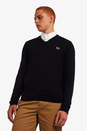 Dzianina Fred Perry Klasyczne V Neck Jumper Męskie Czarne | PL 1292BEXC